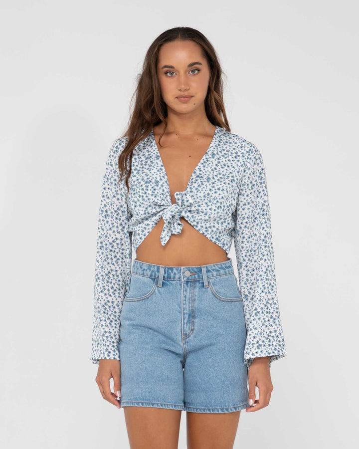 Rusty Balnear Floral Printed Tie Front Cropped Shirt 