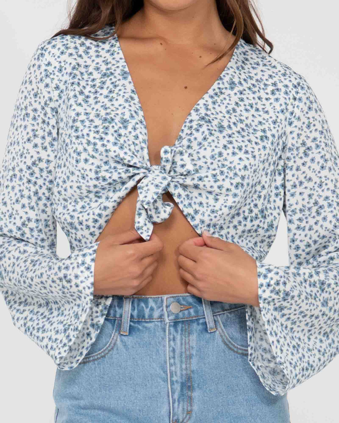 Rusty Balnear Floral Printed Tie Front Cropped Shirt 