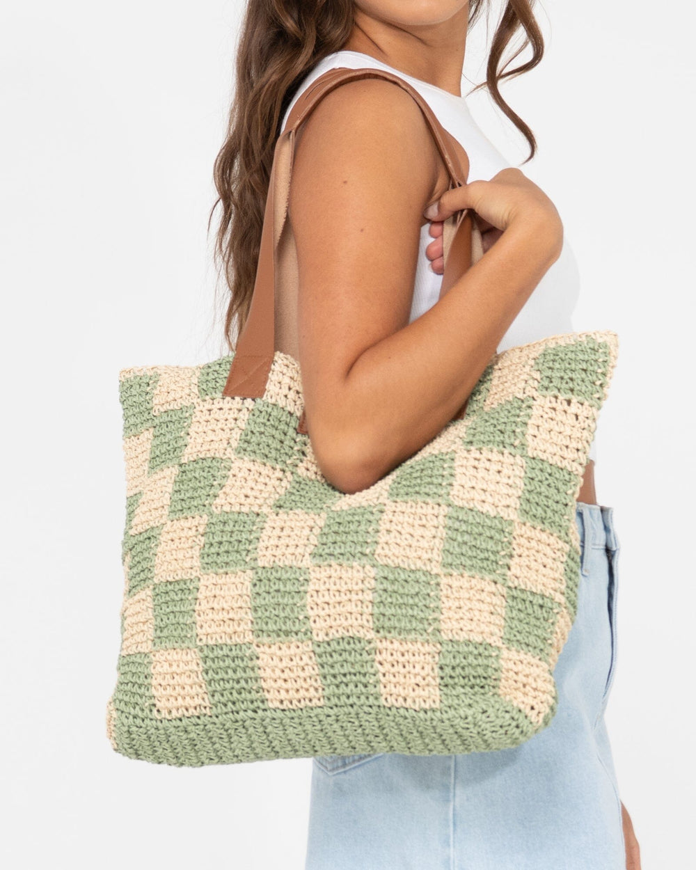Rusty Checkmate Straw Beach Bag 