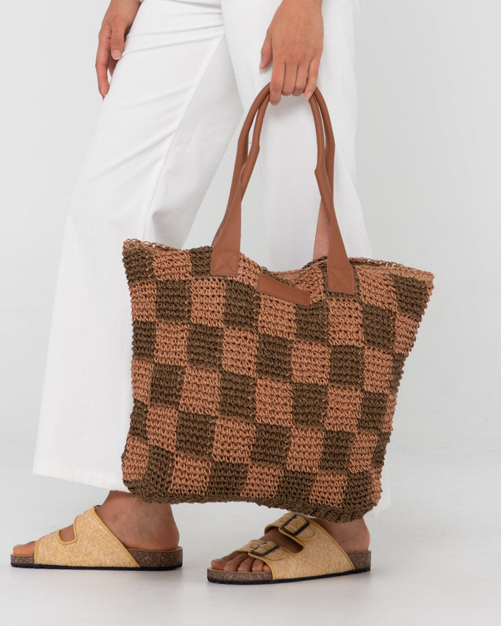 Rusty Checkmate Straw Beach Bag 