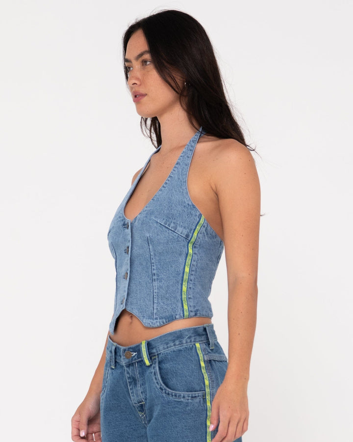 Rusty Flip Mommy Halter Neck Denim Vest 