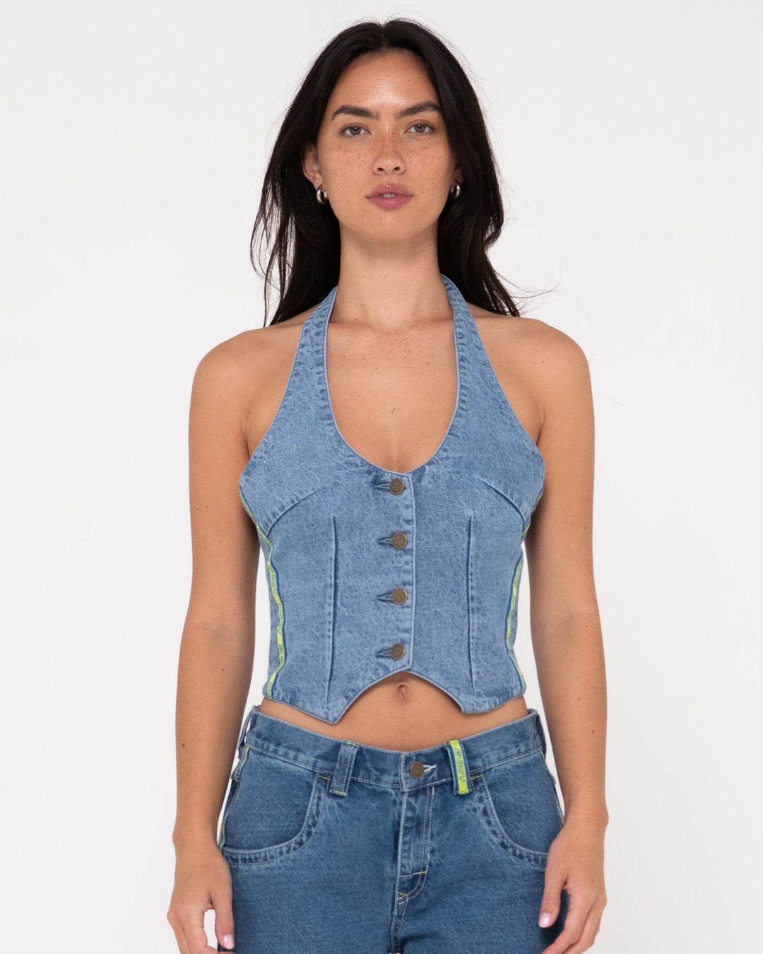 Rusty Flip Mommy Halter Neck Denim Vest 
