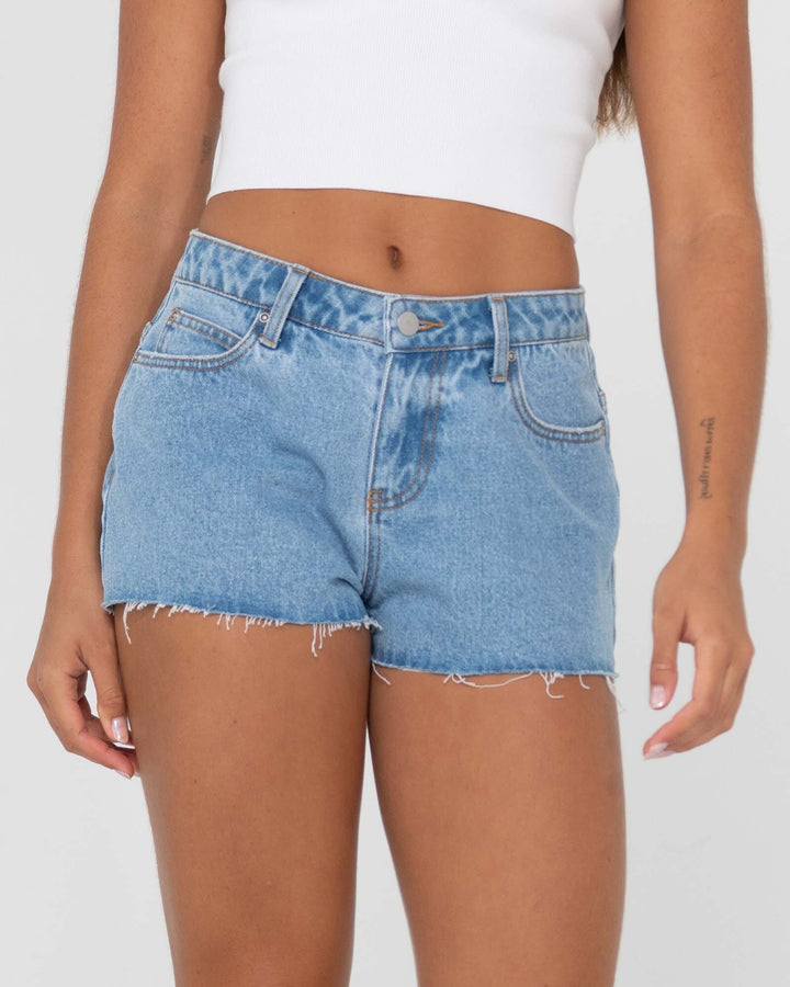 Rusty Malta Low Rise Frayed Denim Shorts 