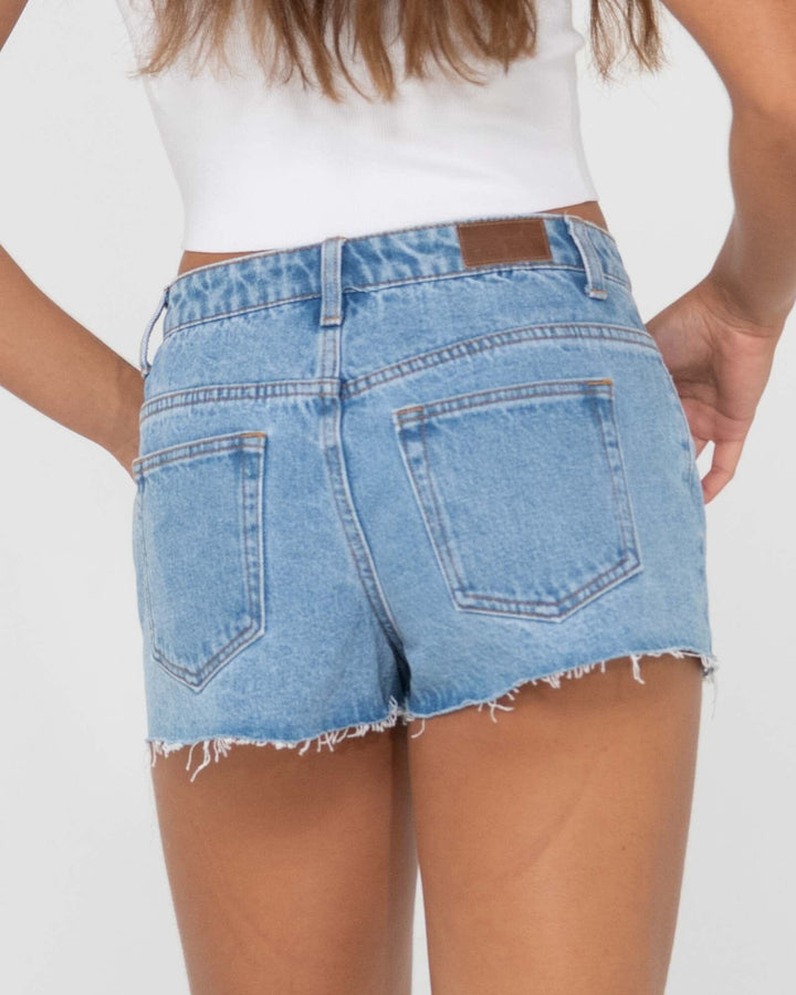 Rusty Malta Low Rise Frayed Denim Shorts 