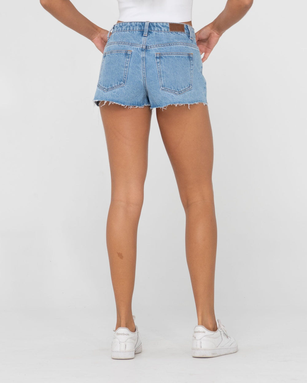 Rusty Malta Low Rise Frayed Denim Shorts 