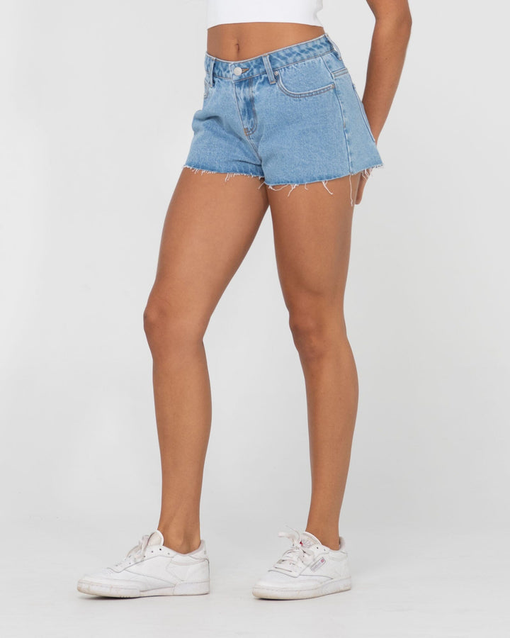 Rusty Malta Low Rise Frayed Denim Shorts 