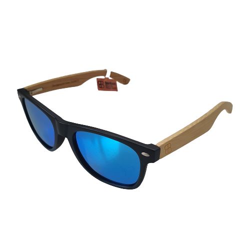 Bamboo Blonde Wayfarer Style Sunglasses Matte Black / Mirror Blue 