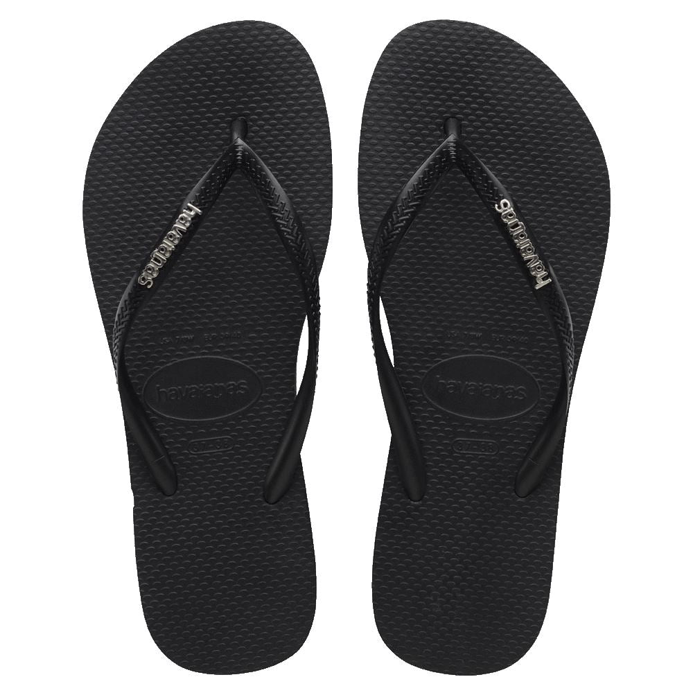 Havaianas Slim Logo Metallic Jandals Black / Silver 35/36 Brazil 