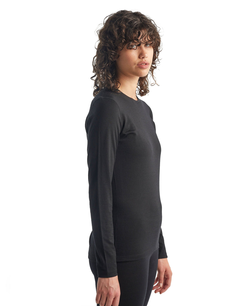 Icebreaker Womens Merino 200 Oasis Long Sleeve Crew Thermal Top Black S 
