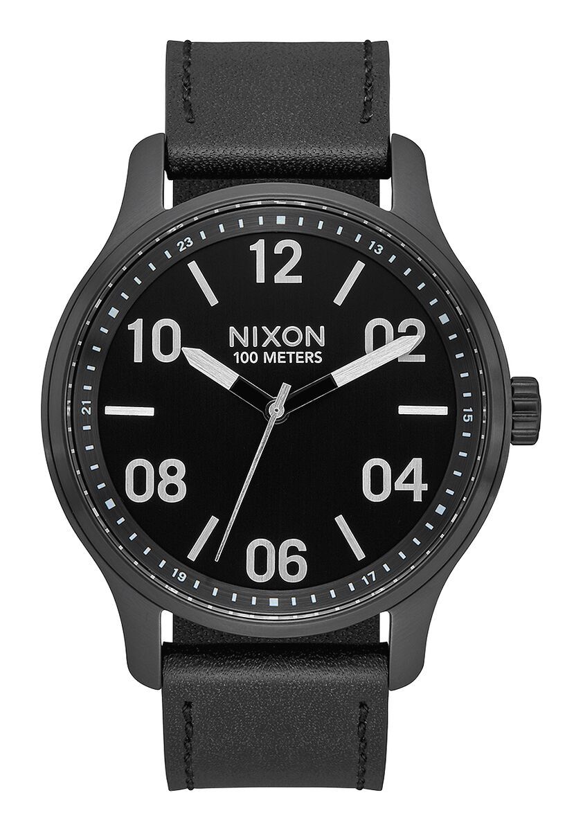 NIXON PATROL LEATHER WATCH Black Silver Black 