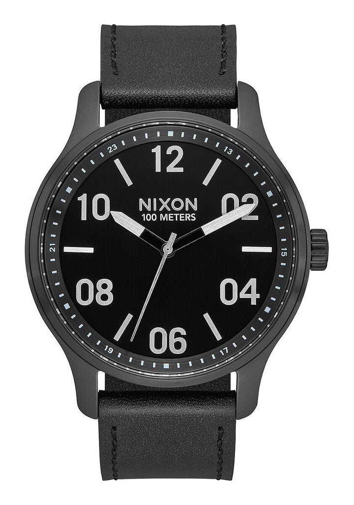 NIXON PATROL LEATHER WATCH Black Silver Black 