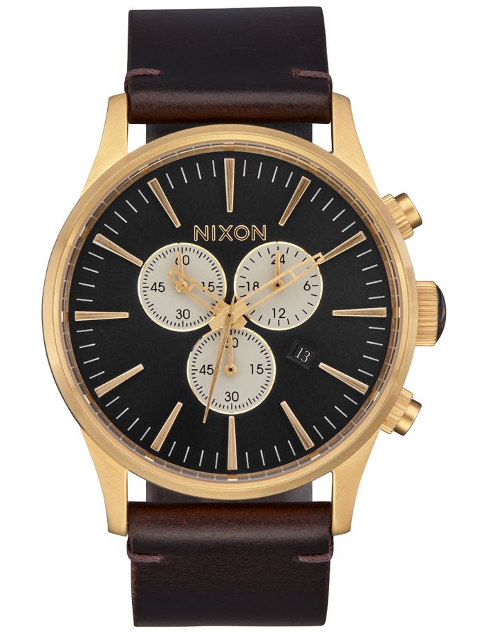 Nixon Sentry Chrono Leather Watch Gold/ Indigo/ Brown 