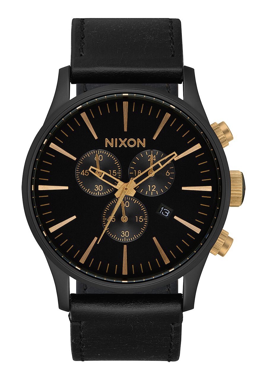 NIXON SENTRY CHRONO LEATHER WATCH Matte Black / Gold / Black 