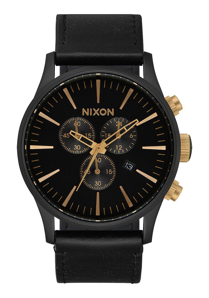 NIXON SENTRY CHRONO LEATHER WATCH Matte Black / Gold / Black 