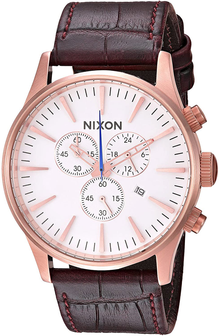 NIXON SENTRY CHRONO LEATHER WATCH RseGldBrnGat 