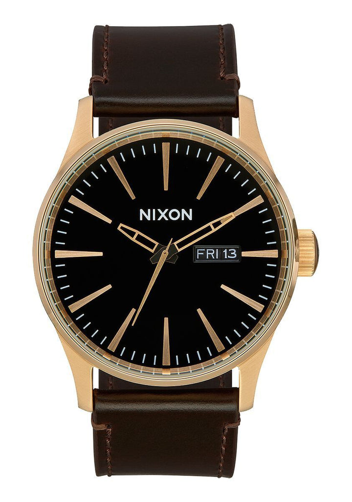 NIXON SENTRY LEATHER WATCH Gold / Black / Brown 