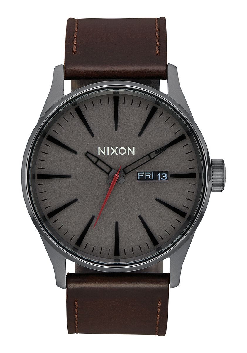 NIXON SENTRY LEATHER WATCH Gunmetal / Black / Dark Brown 