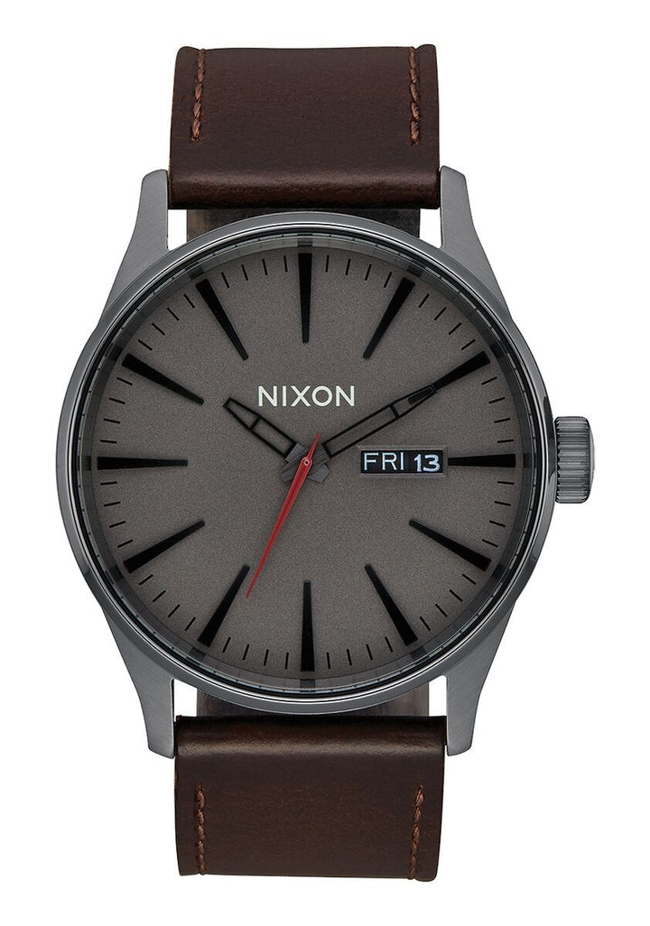 NIXON SENTRY LEATHER WATCH Gunmetal / Black / Dark Brown 