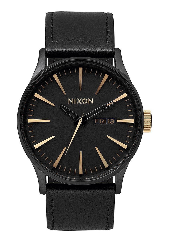 NIXON SENTRY LEATHER WATCH Matte Black / Gold 