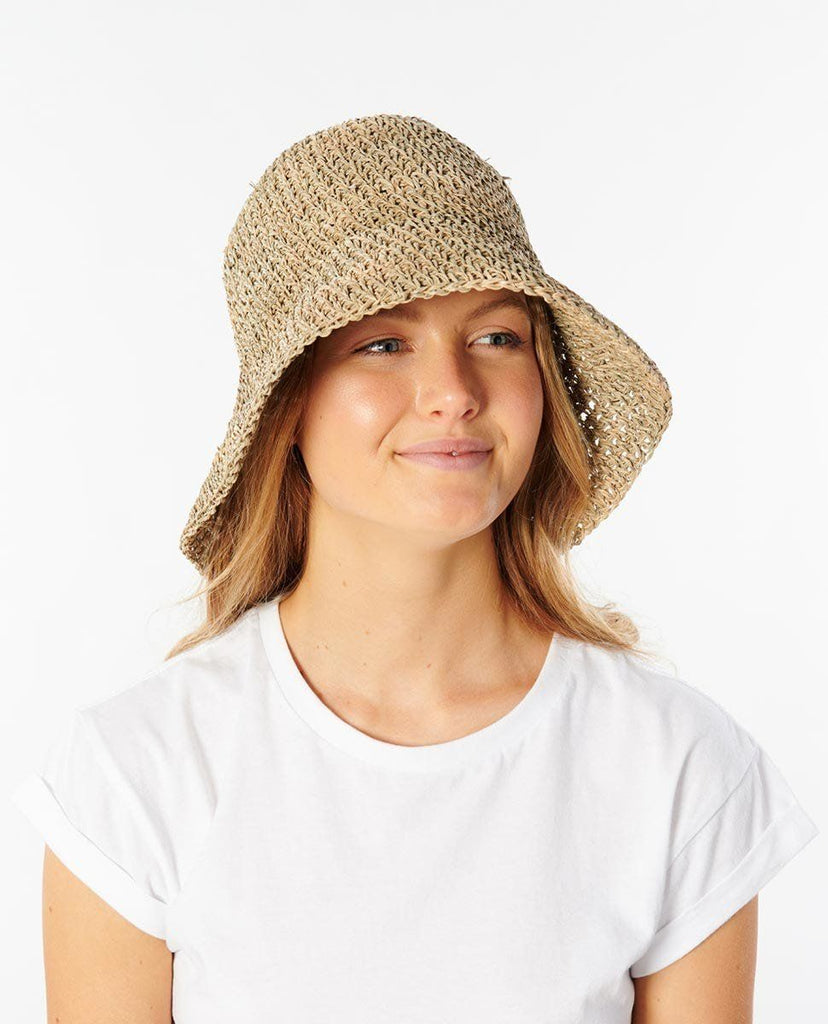 Rip Curl Crochet Bucket Hat is a crocheted seagrass with a low brim.  