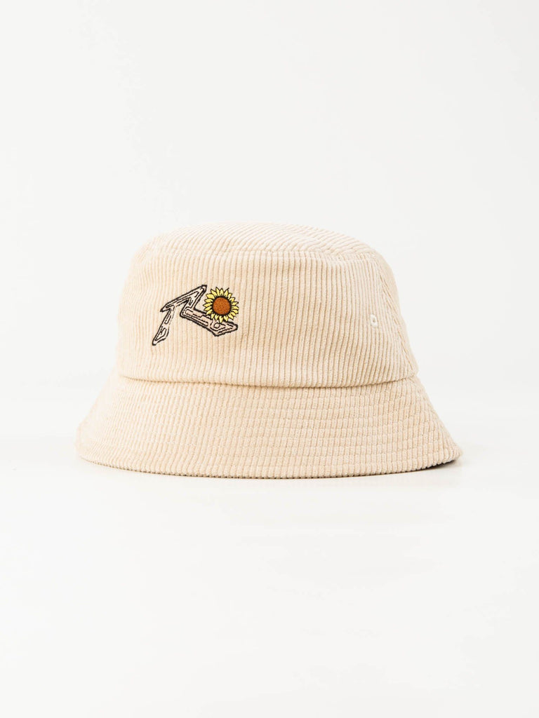 Rusty Girls Meadow Bucket Hat is a cotton corduroy with embroidered sunflower R. 