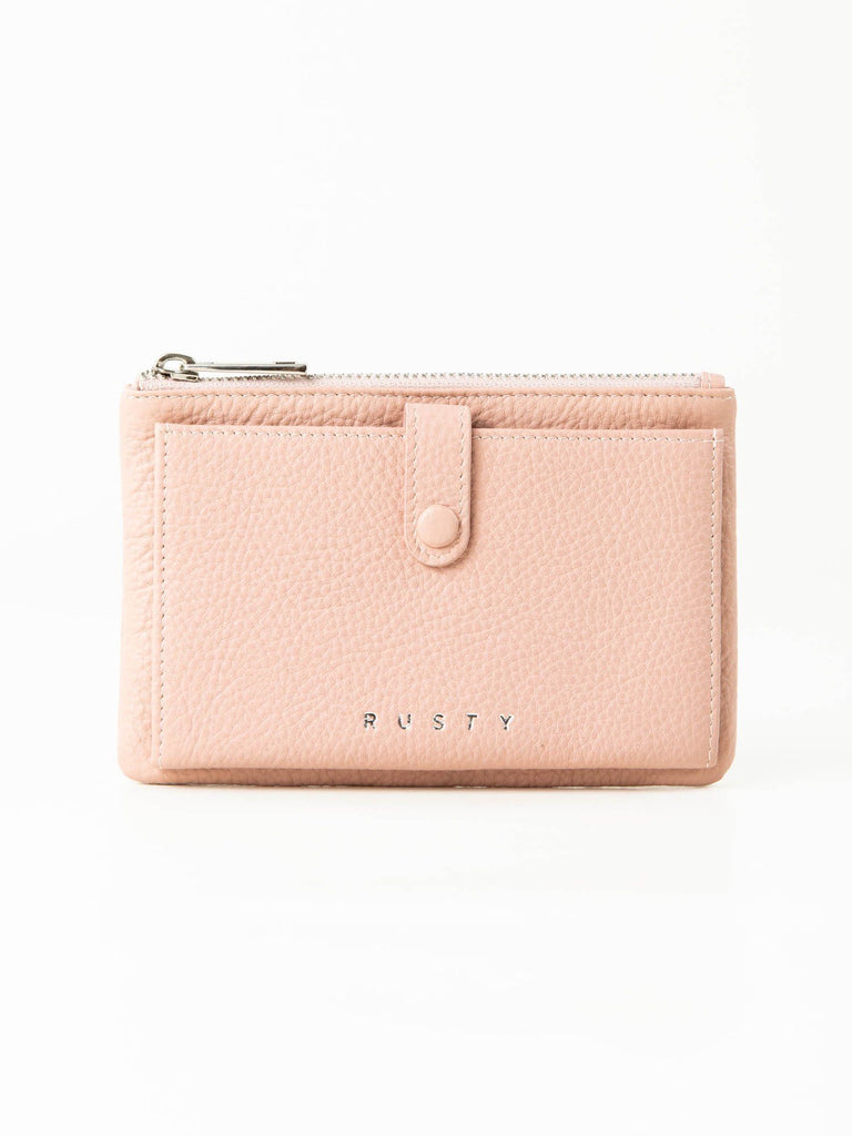 Rusty Grace Leather Pouch features RFID blocking & zip closure. 